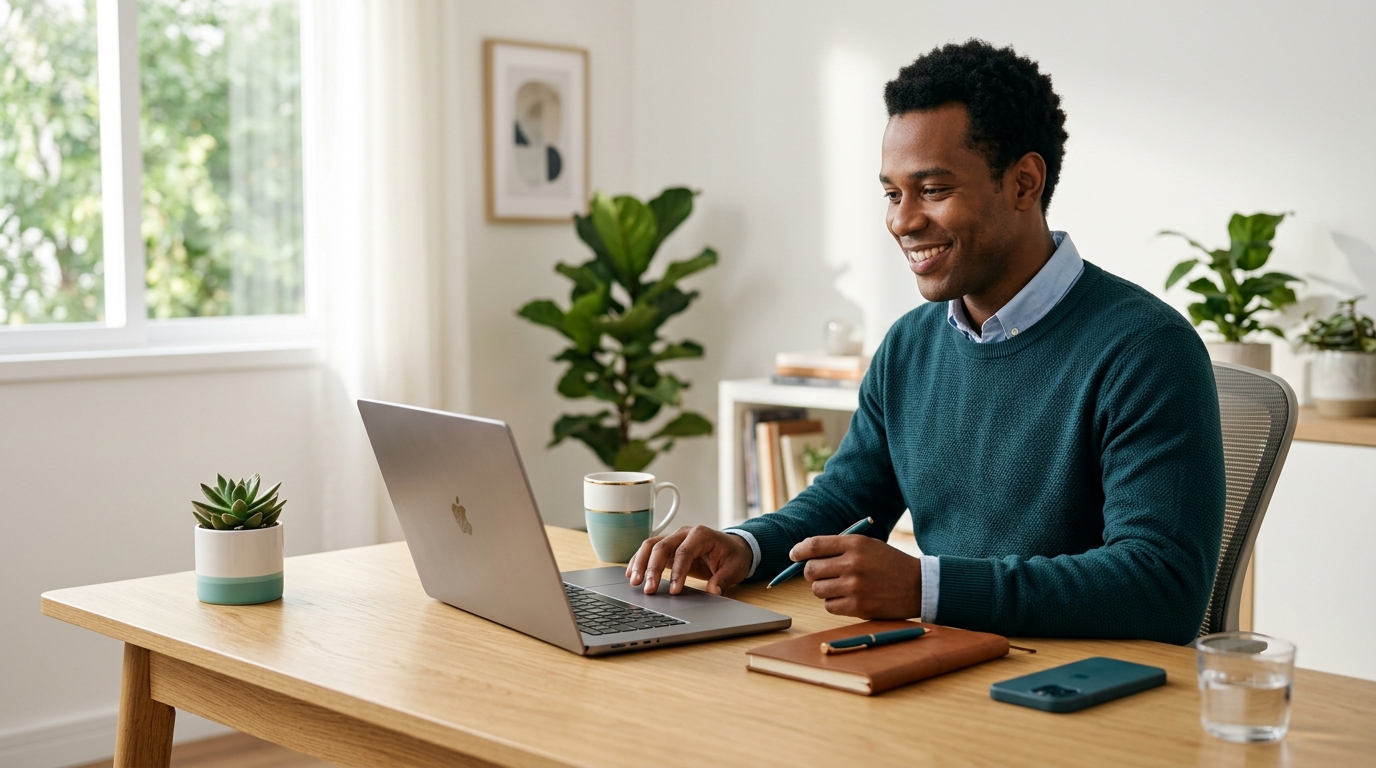 Empreendedora abrindo sua empresa 100% online pelo notebook, em um home office iluminado, com o apoio contábil das contadoras da Alvera