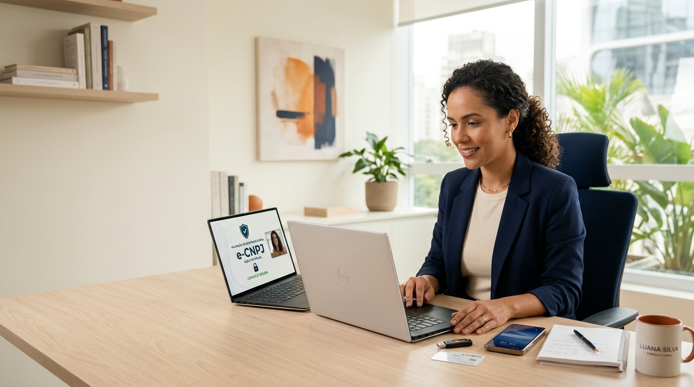 Empresária brasileira em escritório iluminado usa o notebook em atendimento online para validar a identidade e emitir o certificado digital e-CNPJ com apoio contábil da Alvera.